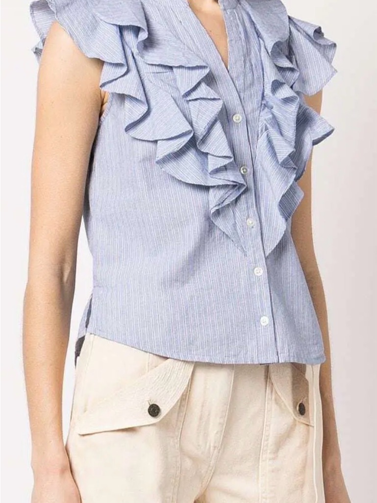 Veronica Beard Light Blue Striped Ruffle Front Sleeveless Blouse